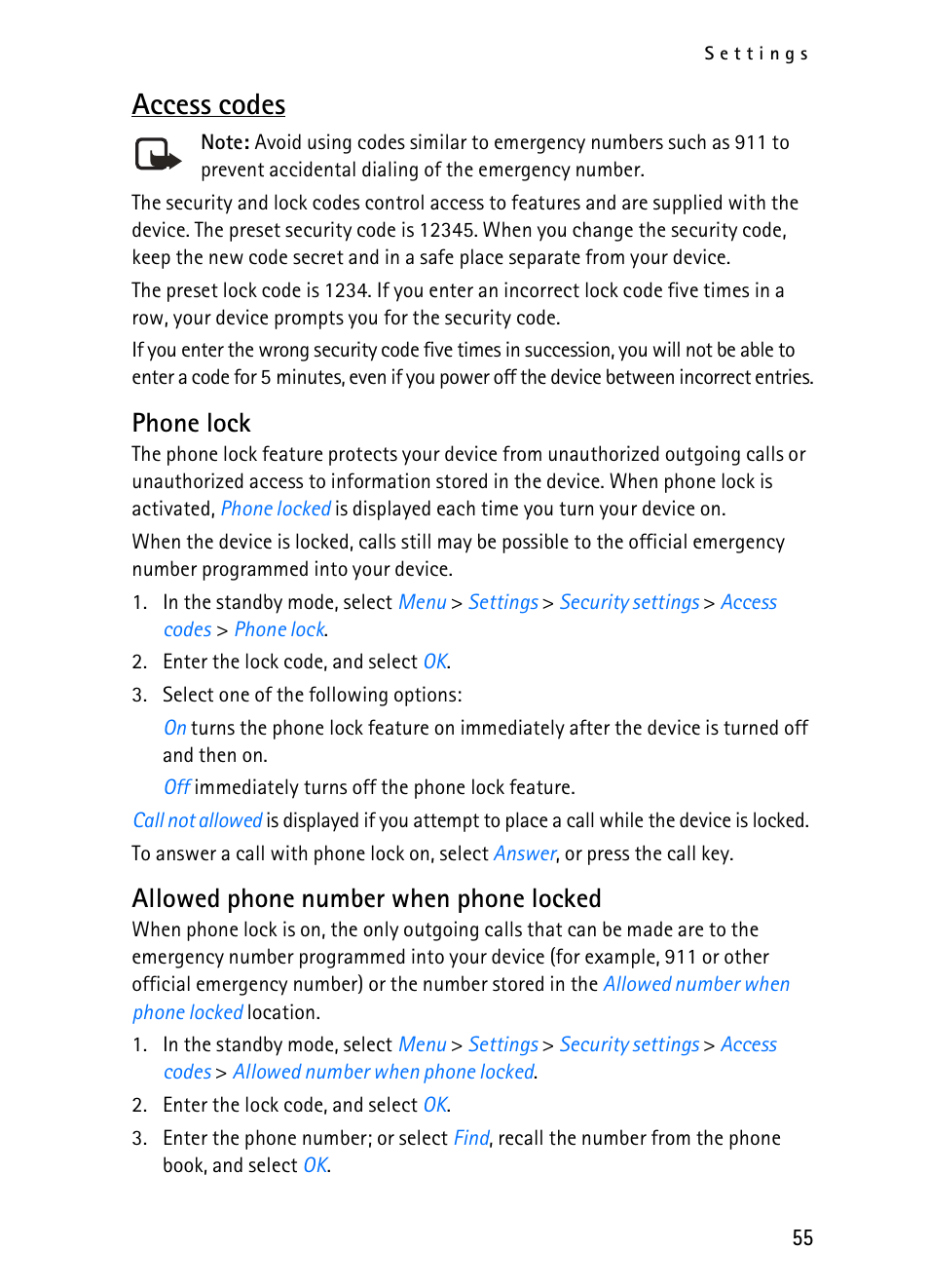 Access codes, Phone lock, Allowed phone number when phone locked | Nokia 2116i User Manual | Page 56 / 201