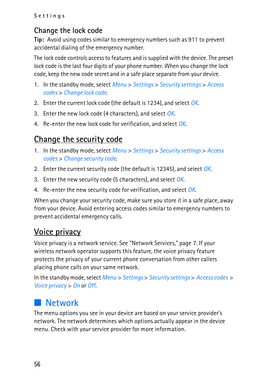 Network, Change the security code, Voice privacy | Change the lock code | Nokia 2116i User Manual | Page 57 / 201