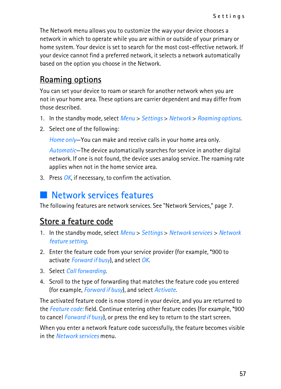 Network services features, Roaming options, Store a feature code | Nokia 2116i User Manual | Page 58 / 201