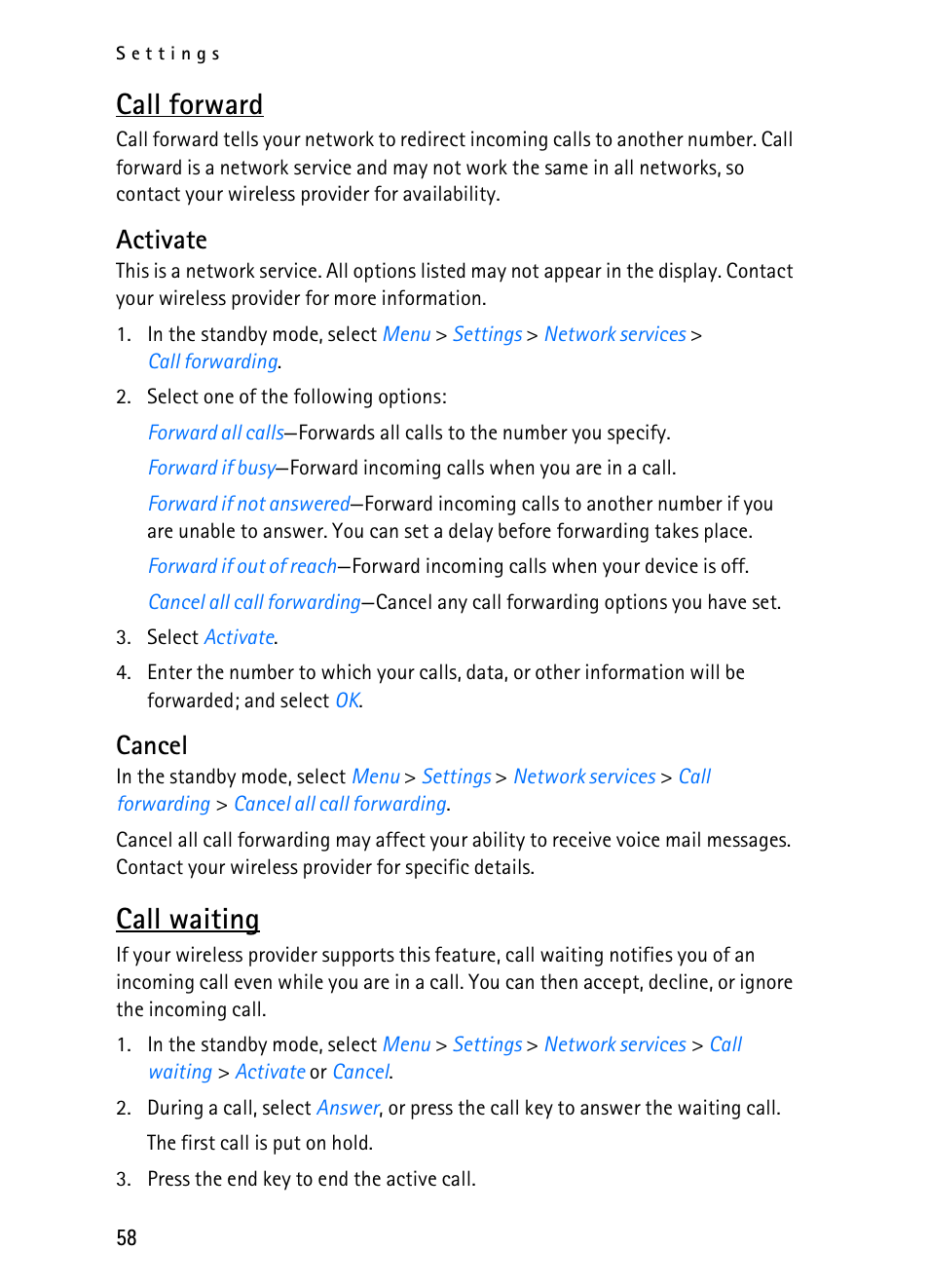 Call forward, Call waiting, Activate | Cancel | Nokia 2116i User Manual | Page 59 / 201