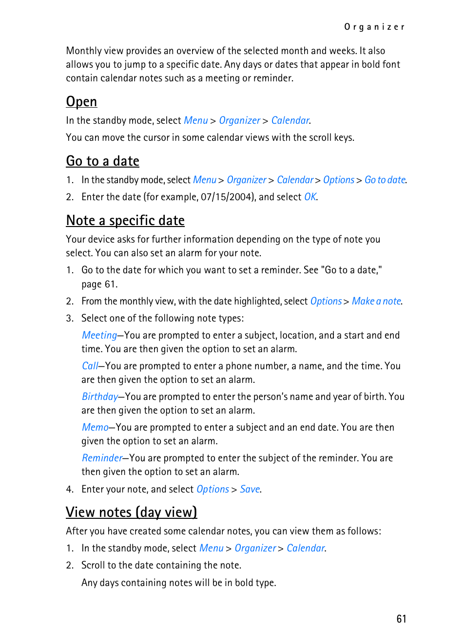 Open, Go to a date | Nokia 2116i User Manual | Page 62 / 201
