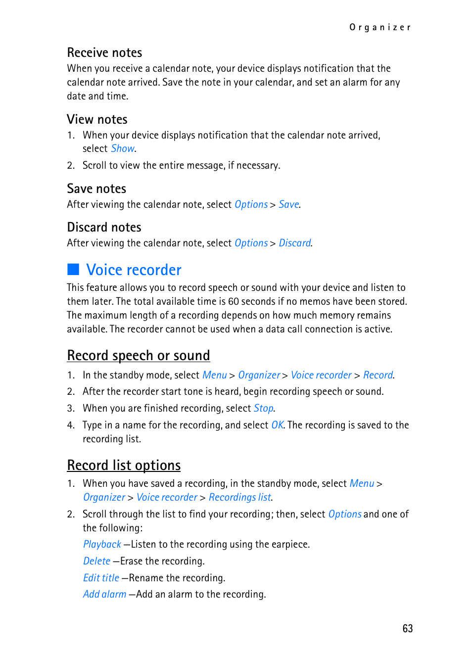 Voice recorder, Record speech or sound, Record list options | Nokia 2116i User Manual | Page 64 / 201
