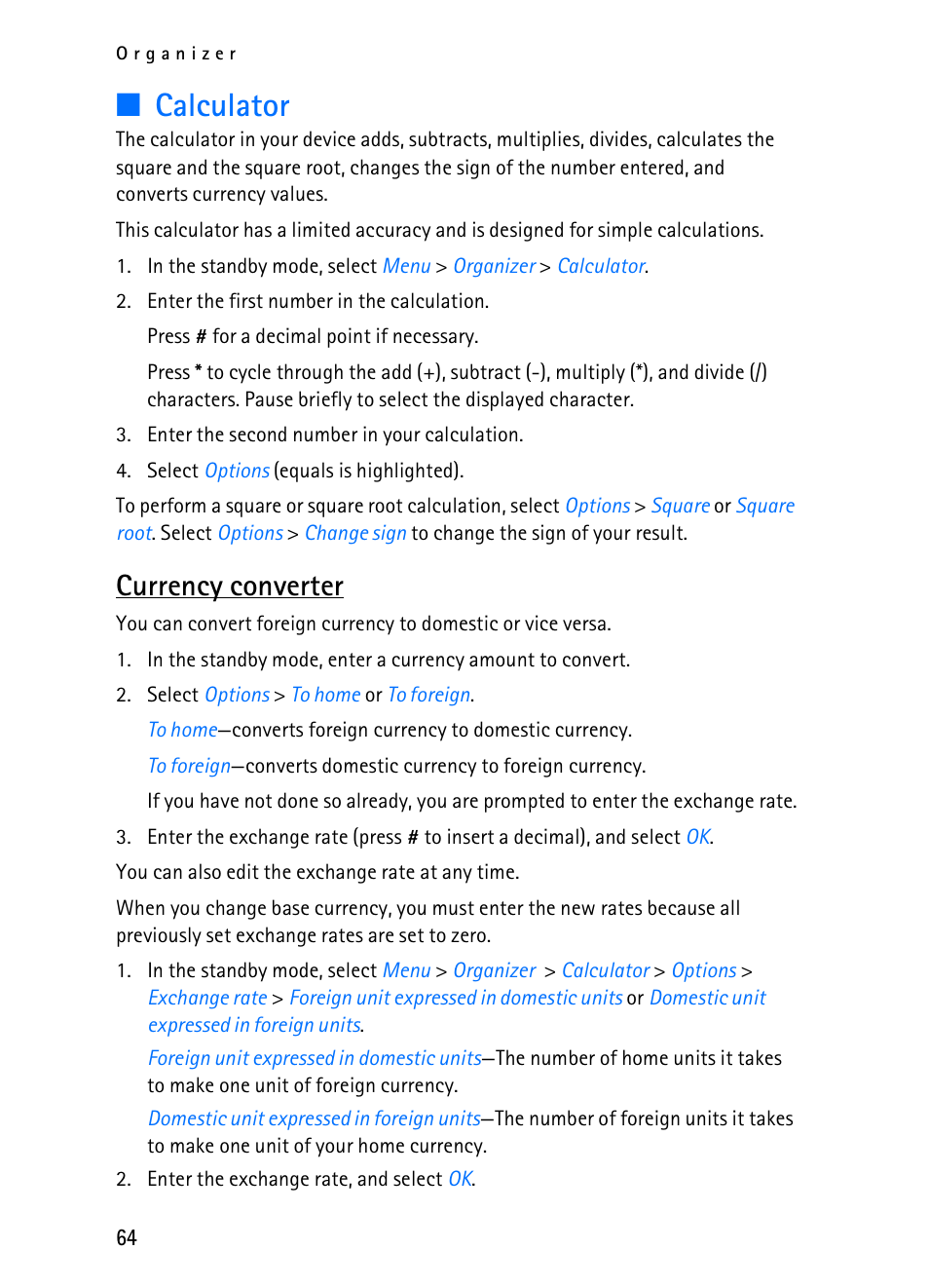 Calculator, Currency converter | Nokia 2116i User Manual | Page 65 / 201