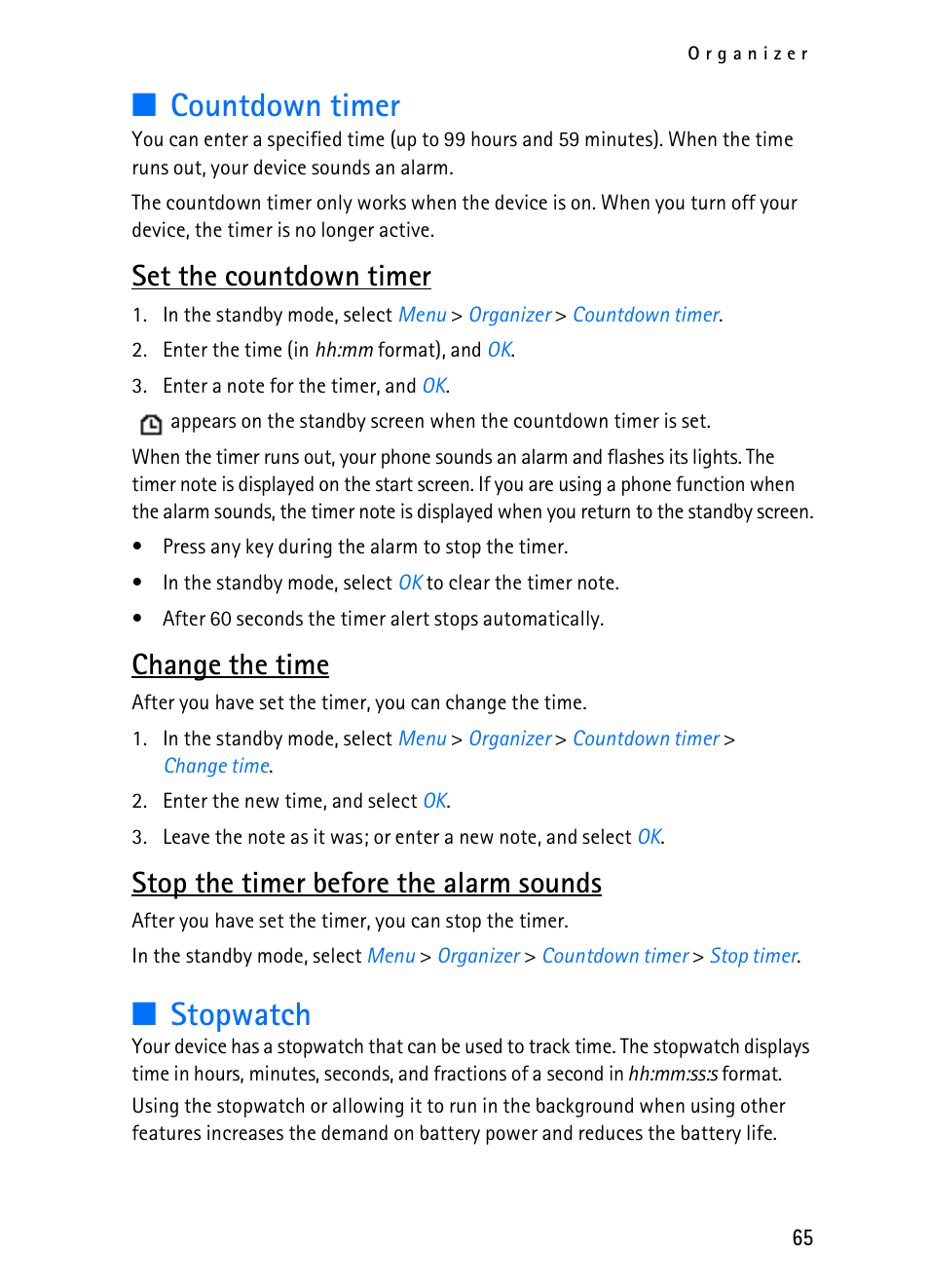 Countdown timer, Stopwatch, Set the countdown timer | Change the time, Stop the timer before the alarm sounds | Nokia 2116i User Manual | Page 66 / 201