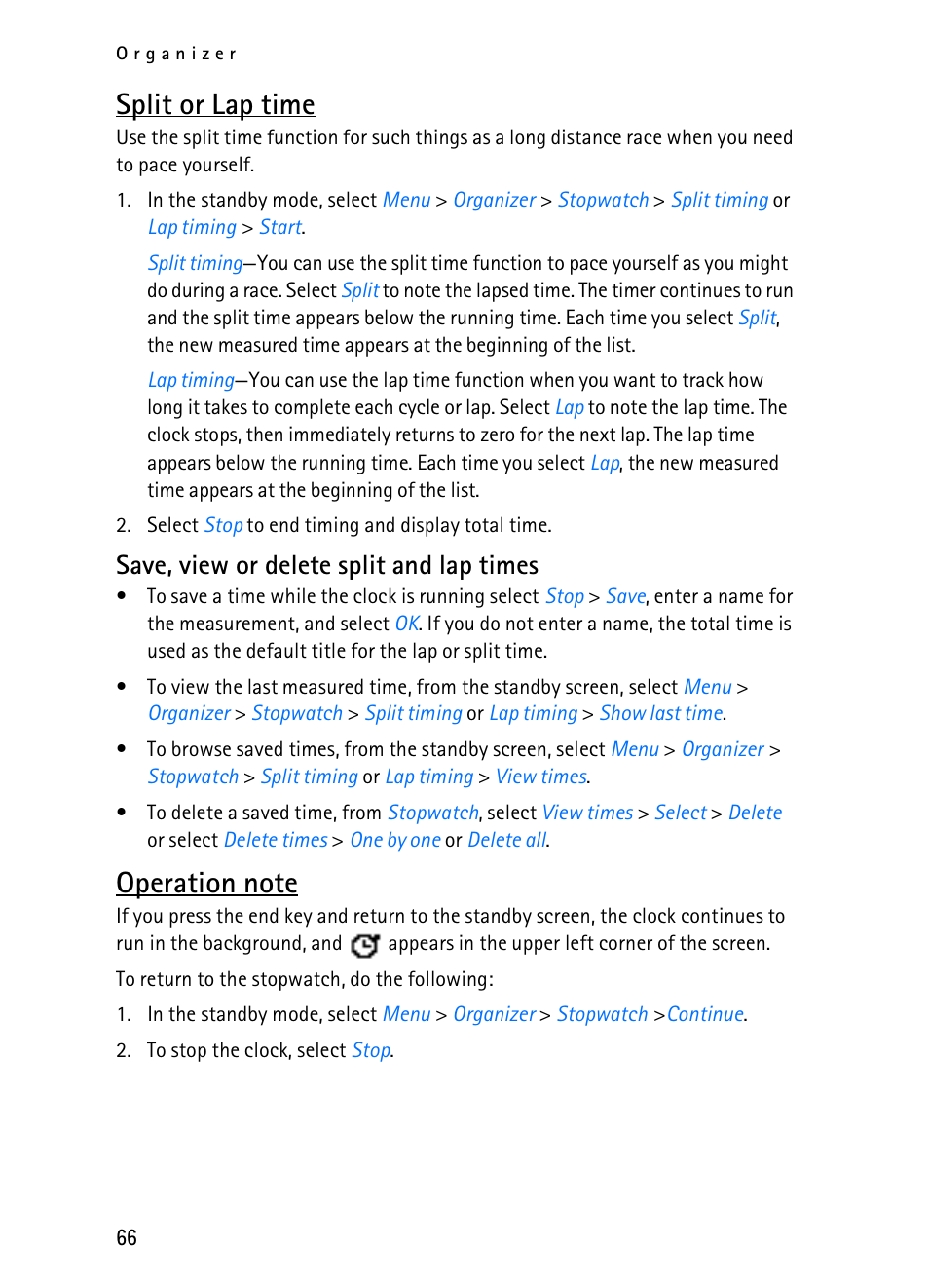 Split or lap time, Save, view or delete split and lap times | Nokia 2116i User Manual | Page 67 / 201