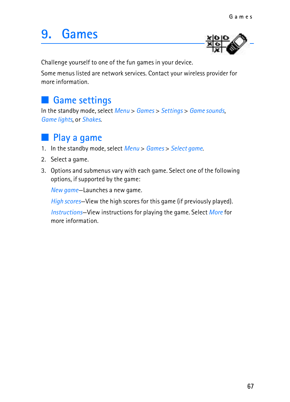 Games, Game settings, Play a game | Nokia 2116i User Manual | Page 68 / 201