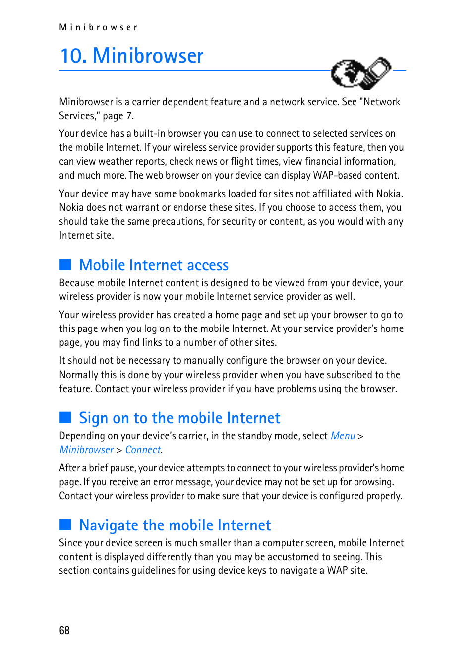 Minibrowser, Mobile internet access, Sign on to the mobile internet | Navigate the mobile internet | Nokia 2116i User Manual | Page 69 / 201