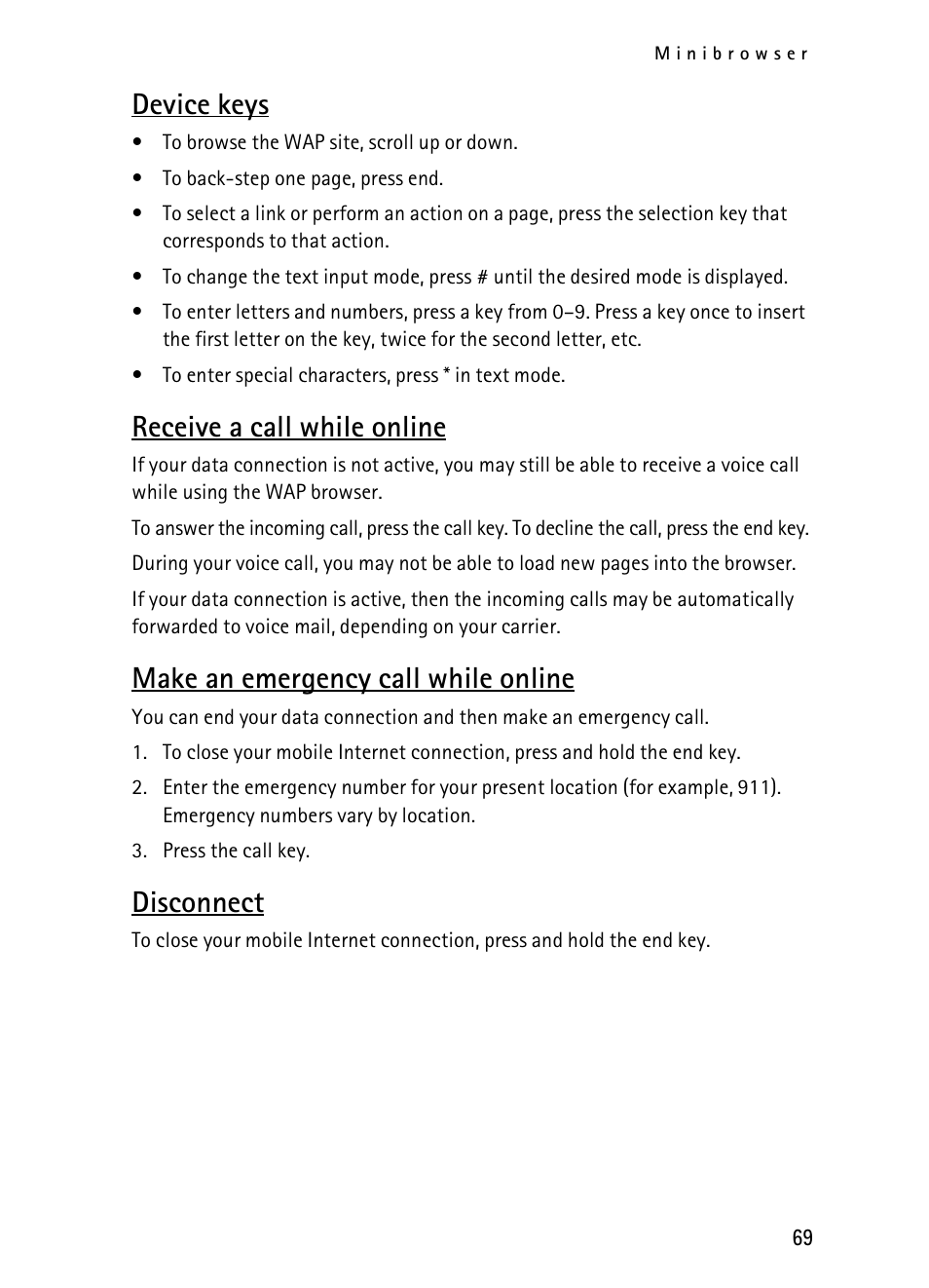 Device keys, Receive a call while online, Make an emergency call while online | Disconnect | Nokia 2116i User Manual | Page 70 / 201