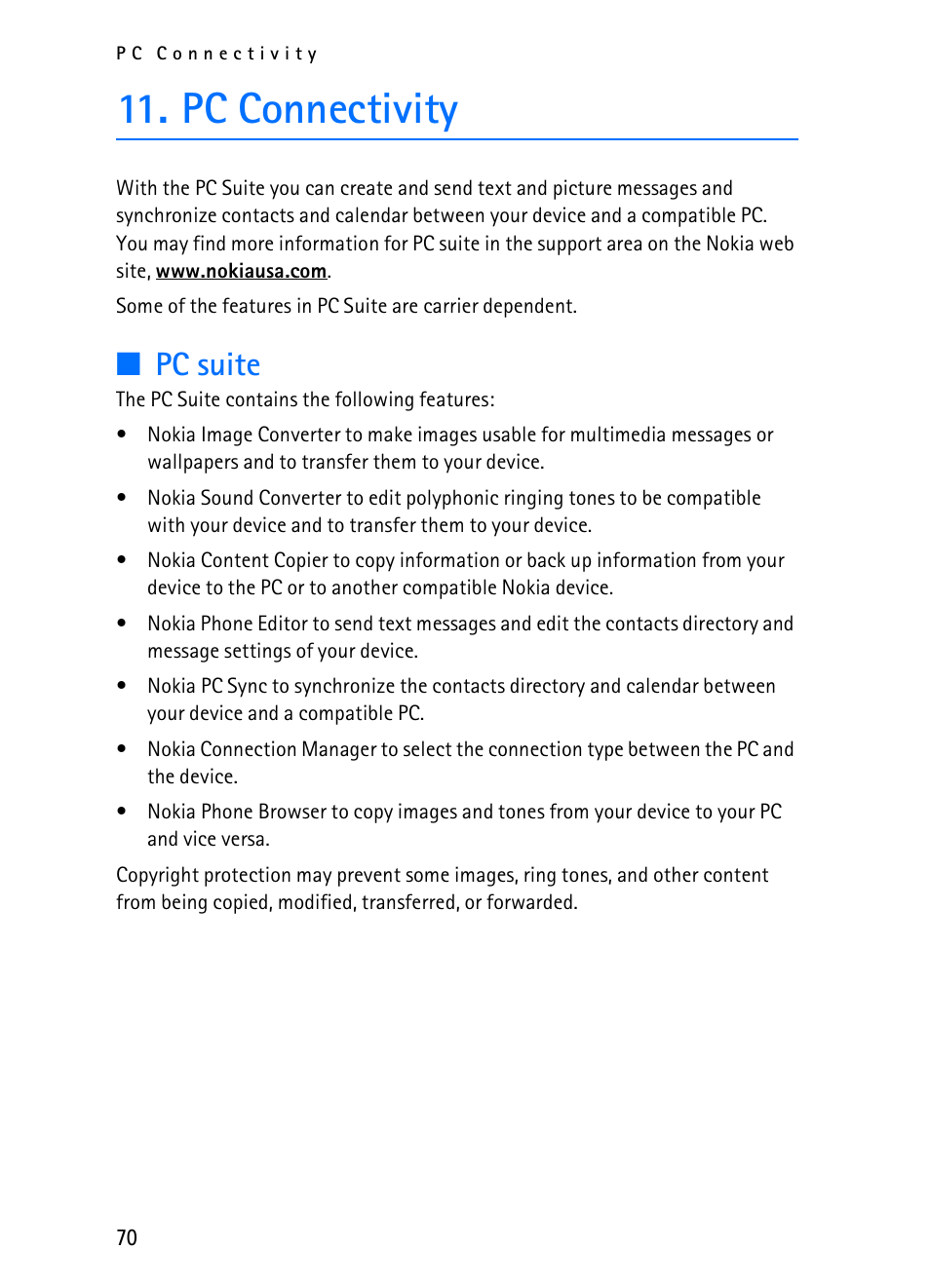 Pc connectivity, Pc suite | Nokia 2116i User Manual | Page 71 / 201