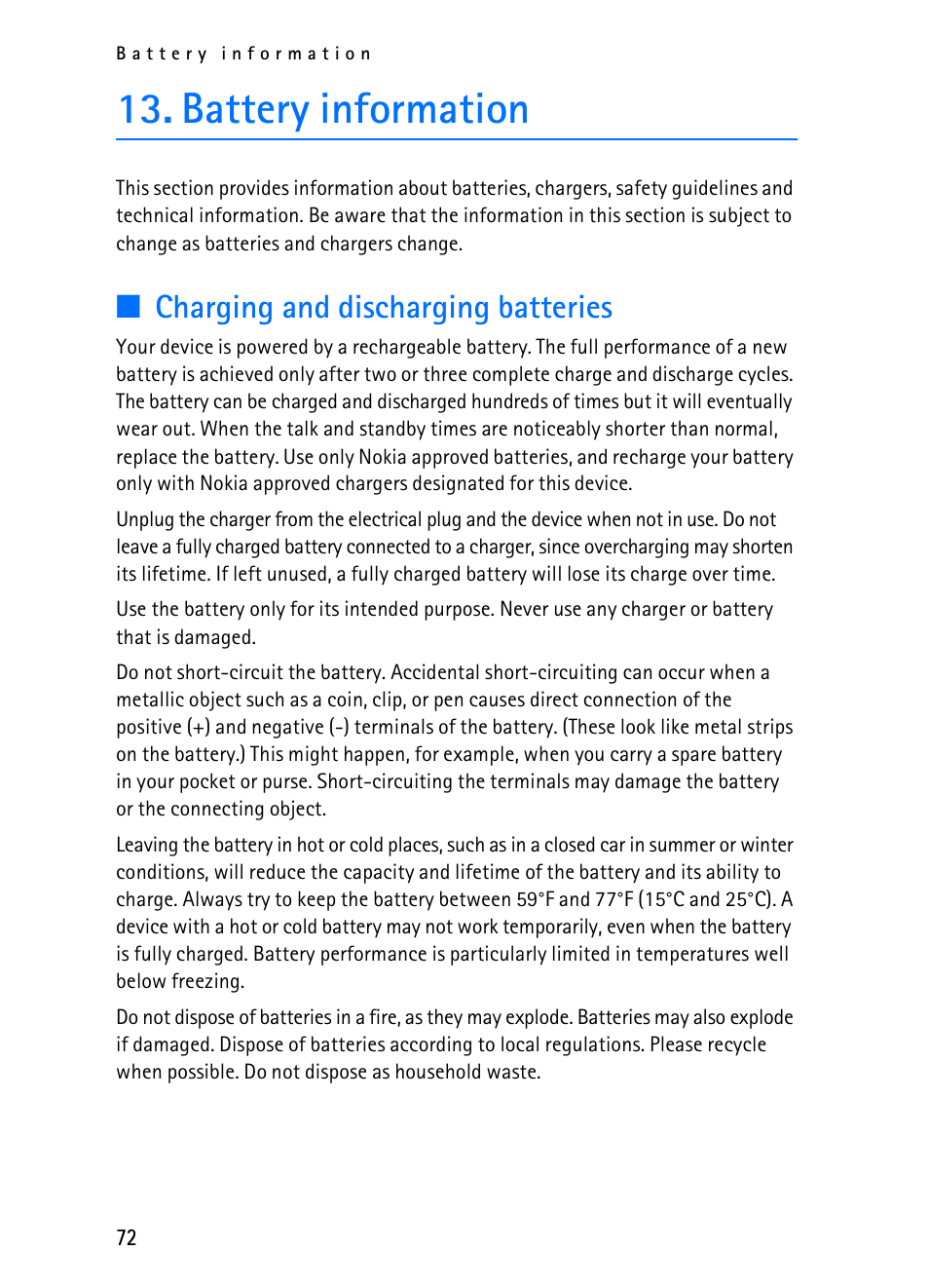 Battery information, Charging and discharging batteries | Nokia 2116i User Manual | Page 73 / 201