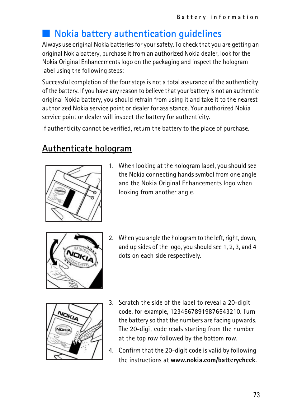 Nokia battery authentication guidelines, Authenticate hologram | Nokia 2116i User Manual | Page 74 / 201