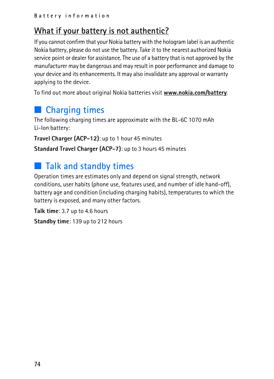 Charging times, Talk and standby times, What if your battery is not authentic | Nokia 2116i User Manual | Page 75 / 201