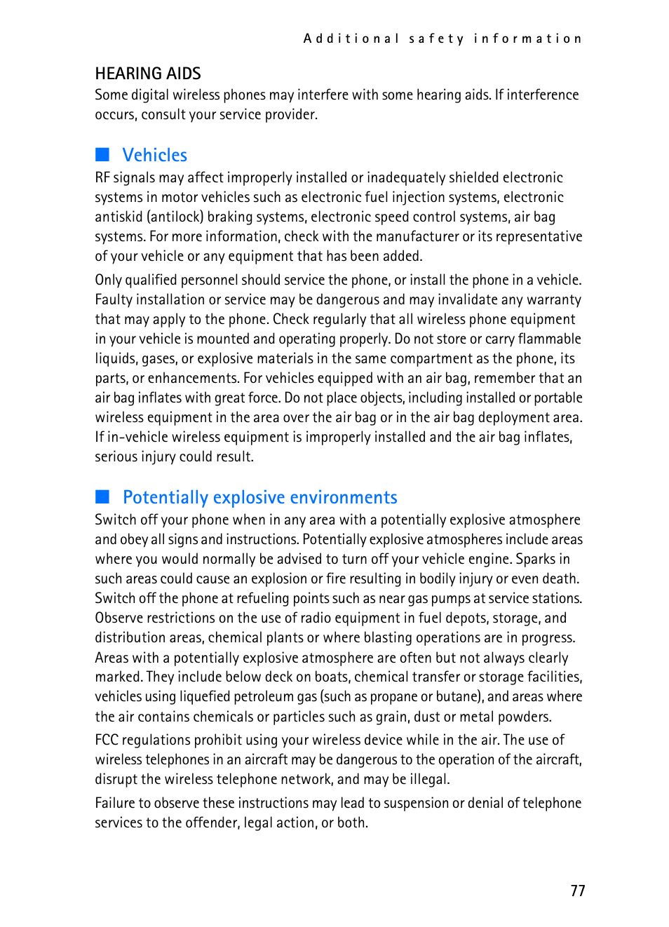 Vehicles, Potentially explosive environments | Nokia 2116i User Manual | Page 78 / 201