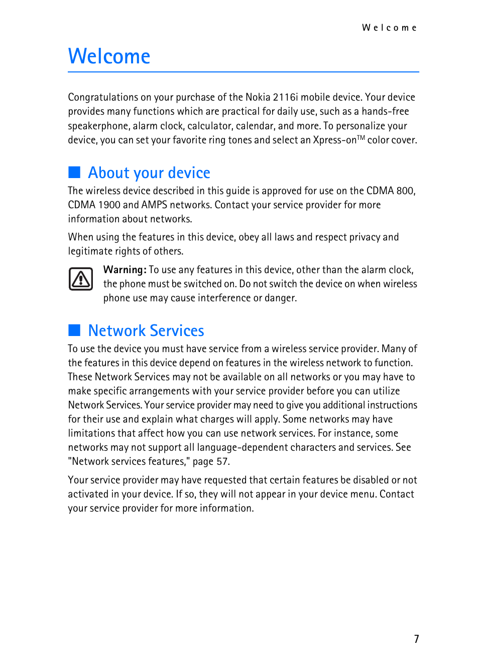 Welcome, About your device, Network services | Nokia 2116i User Manual | Page 8 / 201