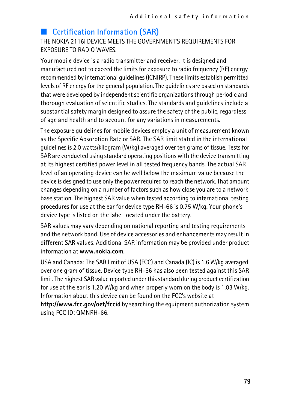 Certification information (sar) | Nokia 2116i User Manual | Page 80 / 201
