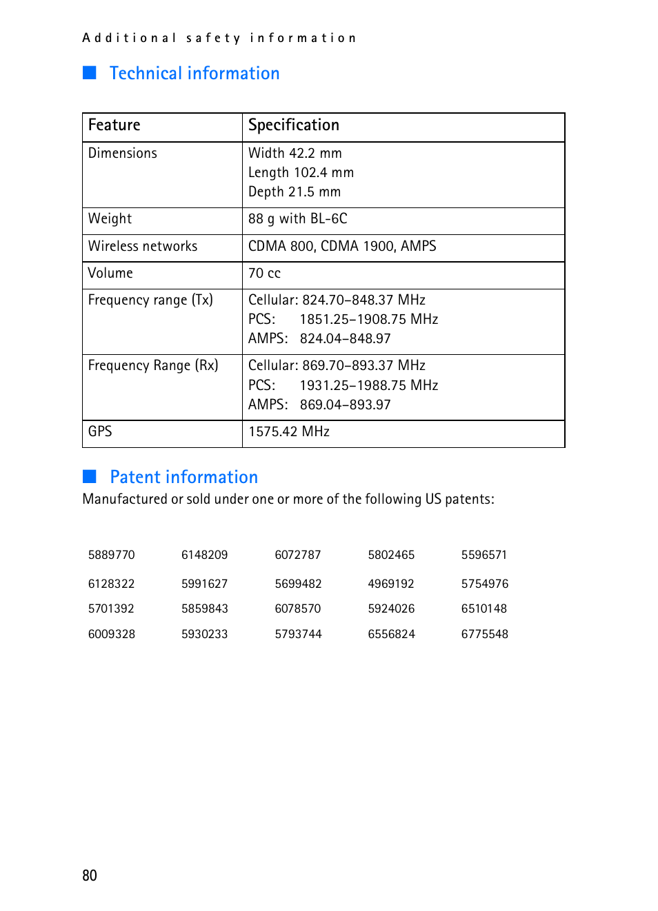 Technical information ■ patent information, Feature specification | Nokia 2116i User Manual | Page 81 / 201