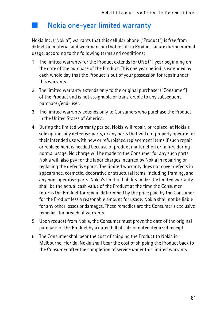 Nokia one-year limited warranty | Nokia 2116i User Manual | Page 82 / 201