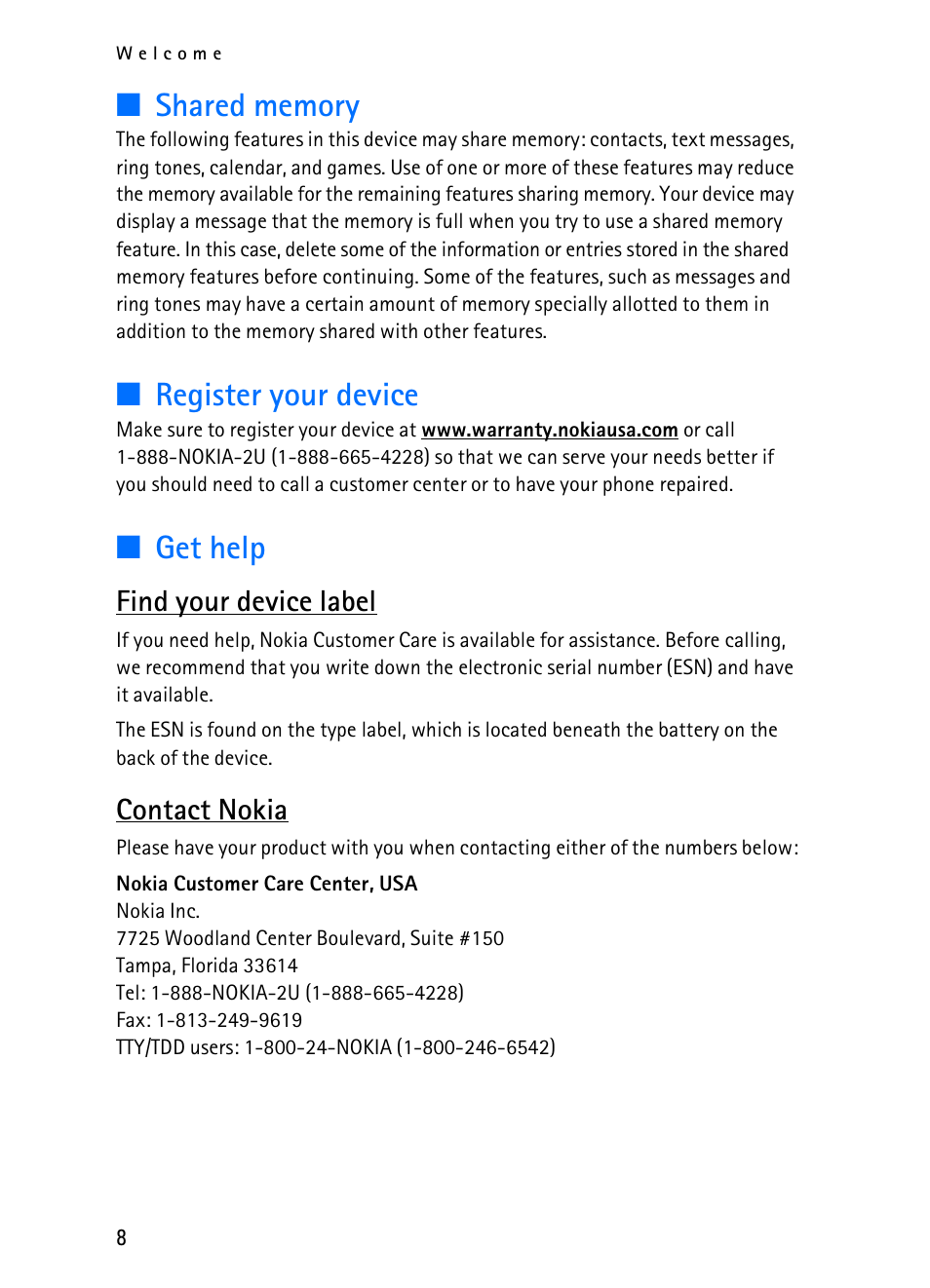 Register your device, Get help, Find your device label | Contact nokia | Nokia 2116i User Manual | Page 9 / 201