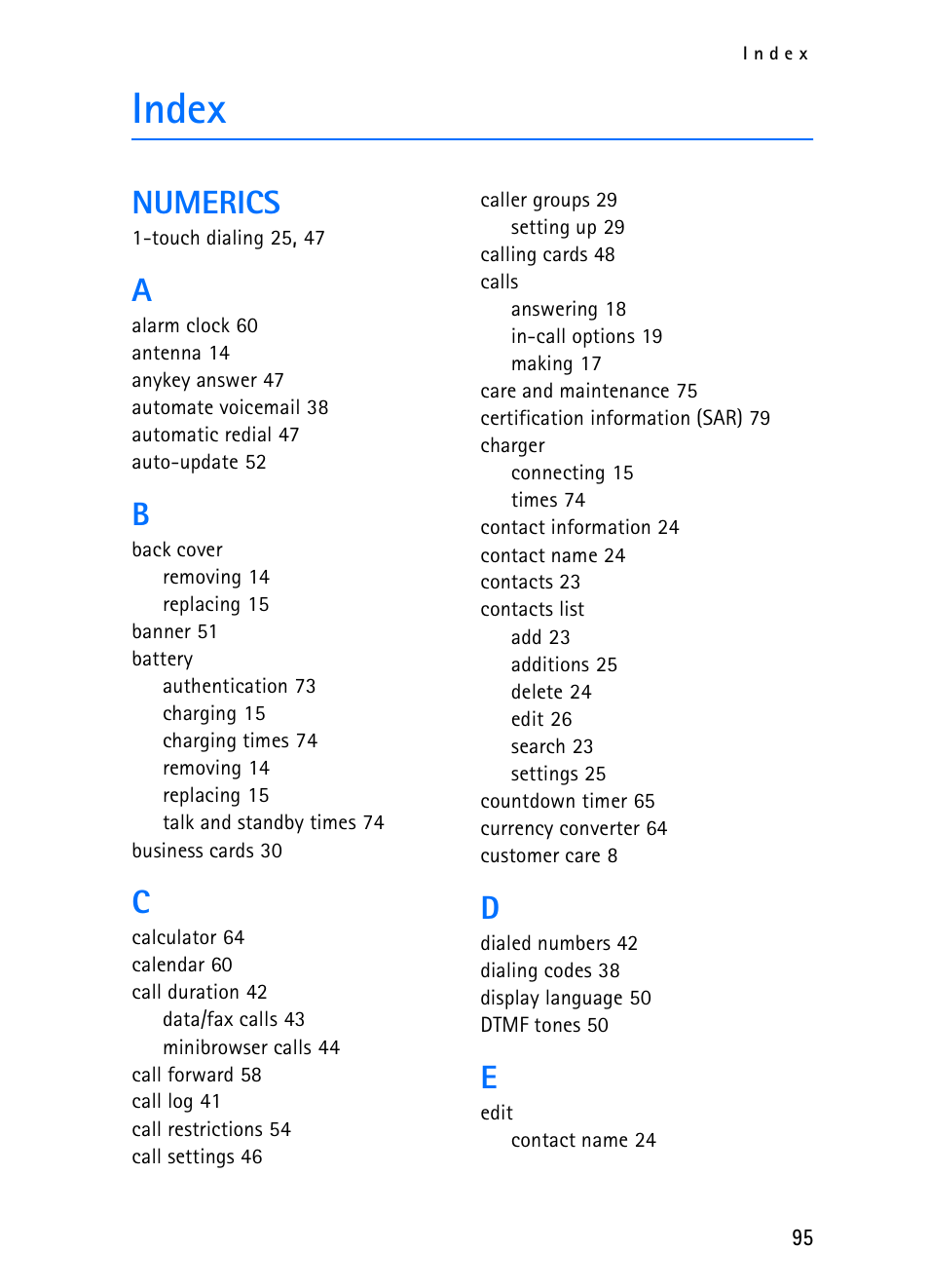 Index, Numerics | Nokia 2116i User Manual | Page 96 / 201
