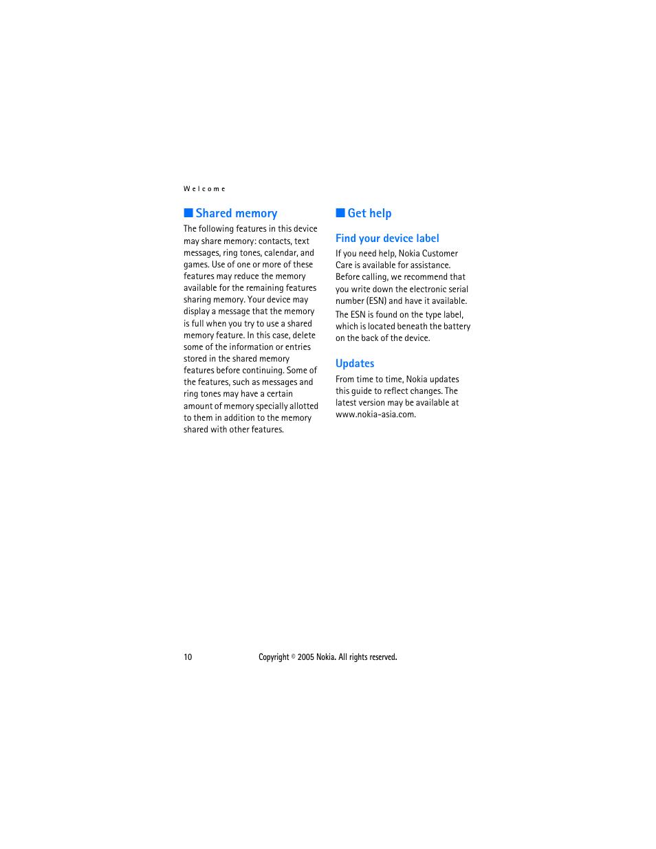 Shared memory, Get help, Find your device label | Updates, Shared memory get help, Find your device label updates | Nokia 2116 User Manual | Page 10 / 87