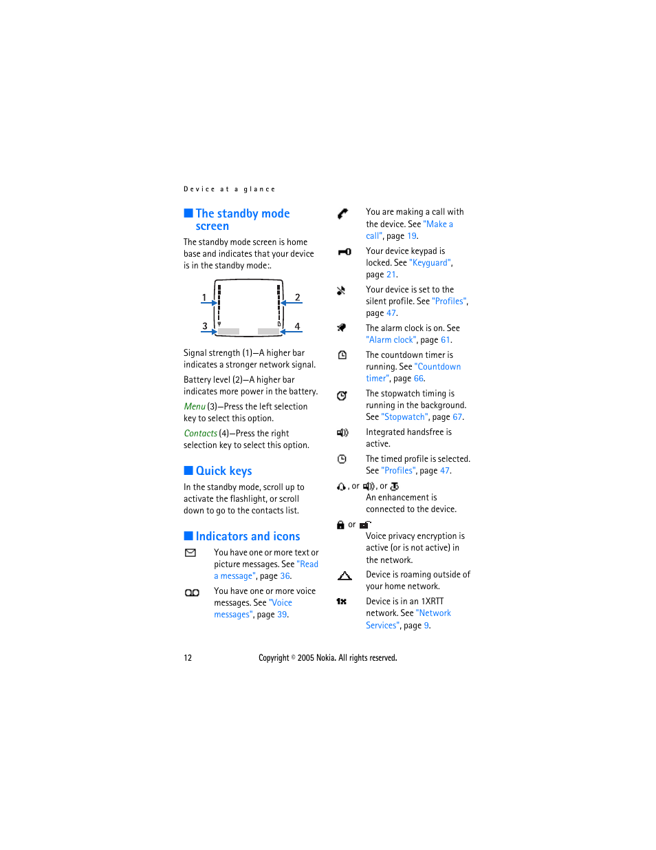 The standby mode screen, Quick keys, Indicators and icons | Nokia 2116 User Manual | Page 12 / 87