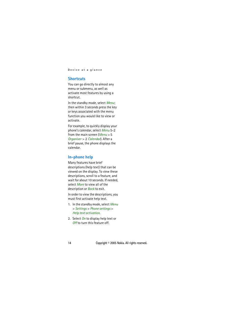 Shortcuts, In-phone help, Shortcuts in-phone help | Nokia 2116 User Manual | Page 14 / 87