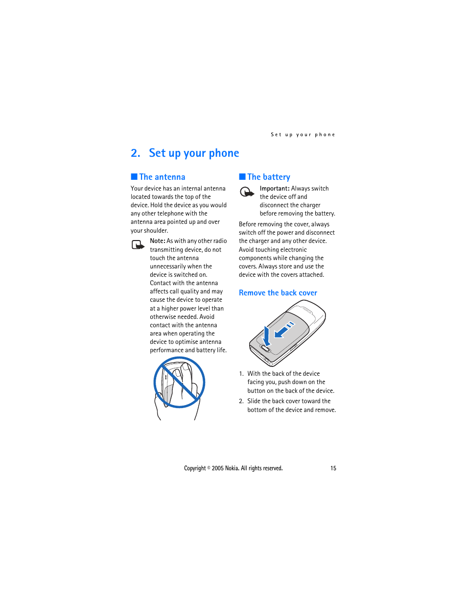 Set up your phone, The antenna, The battery | Remove the back cover, The antenna the battery | Nokia 2116 User Manual | Page 15 / 87