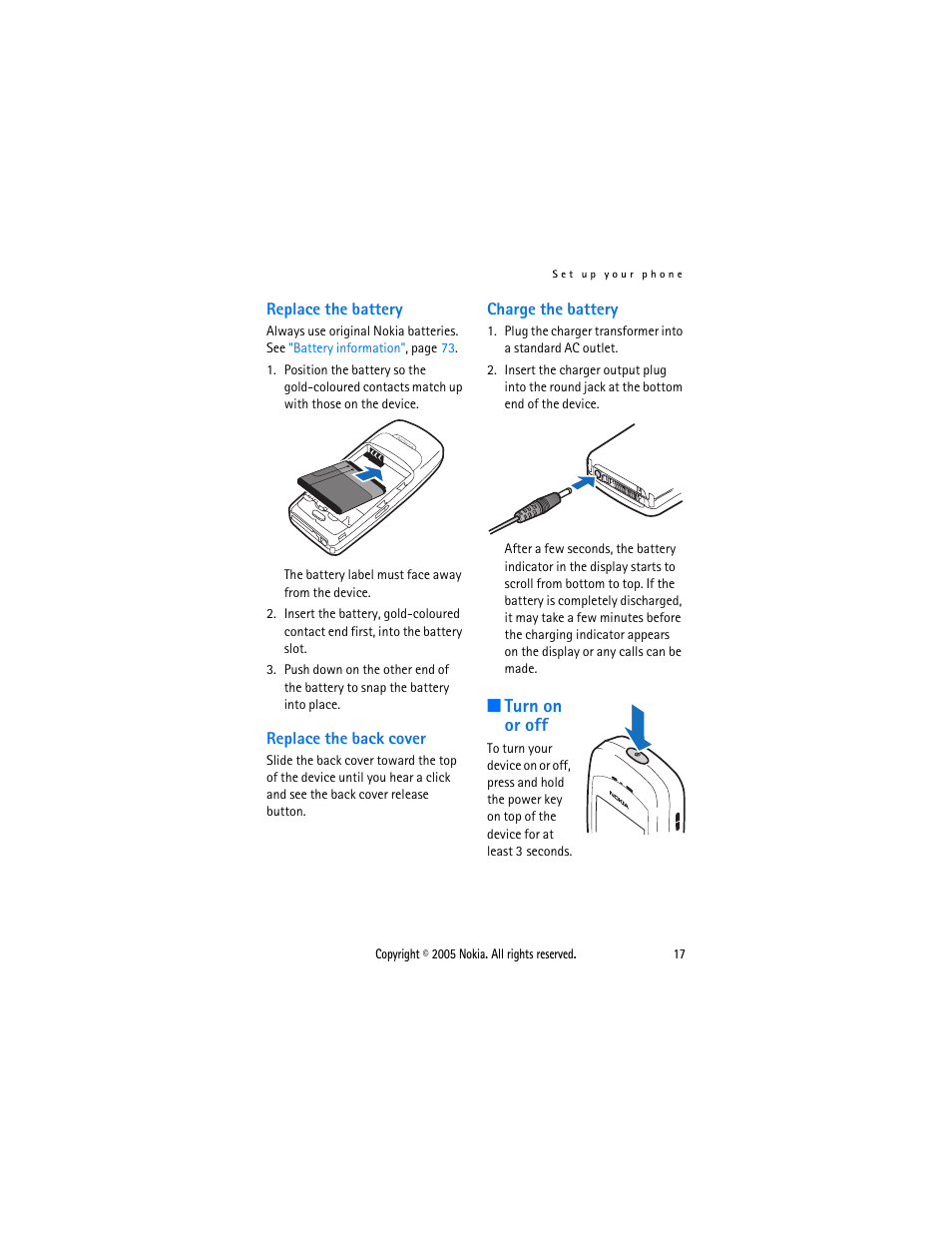 Replace the battery, Replace the back cover, Charge the battery | Turn on or off | Nokia 2116 User Manual | Page 17 / 87