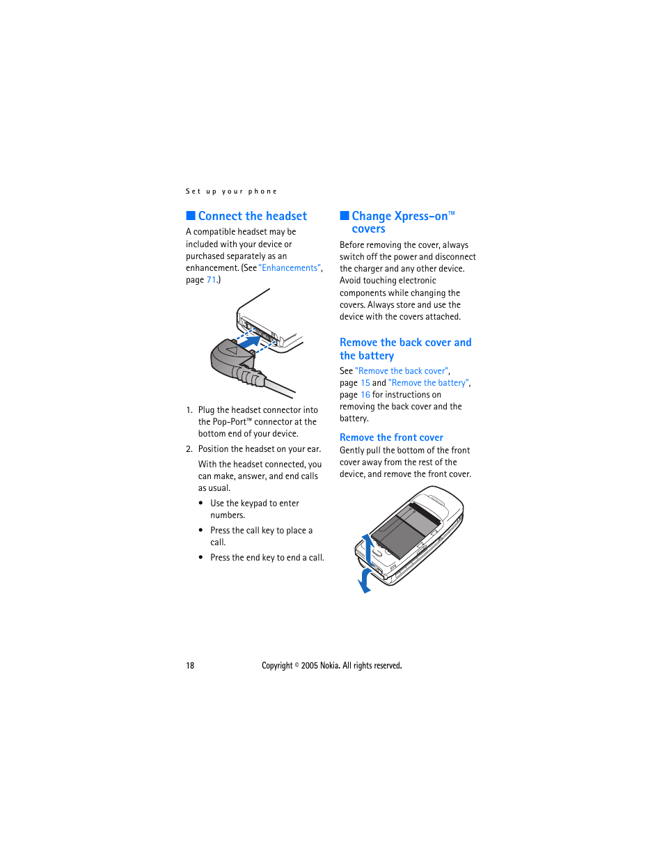 Connect the headset, Change xpress-on covers, Remove the back cover and the battery | Connect the headset change xpress-on™ covers, Change xpress-on™ covers | Nokia 2116 User Manual | Page 18 / 87
