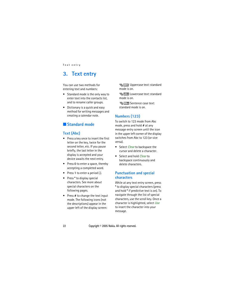 Text entry, Standard mode, Text (abc) | Numbers (123), Punctuation and special characters | Nokia 2116 User Manual | Page 22 / 87