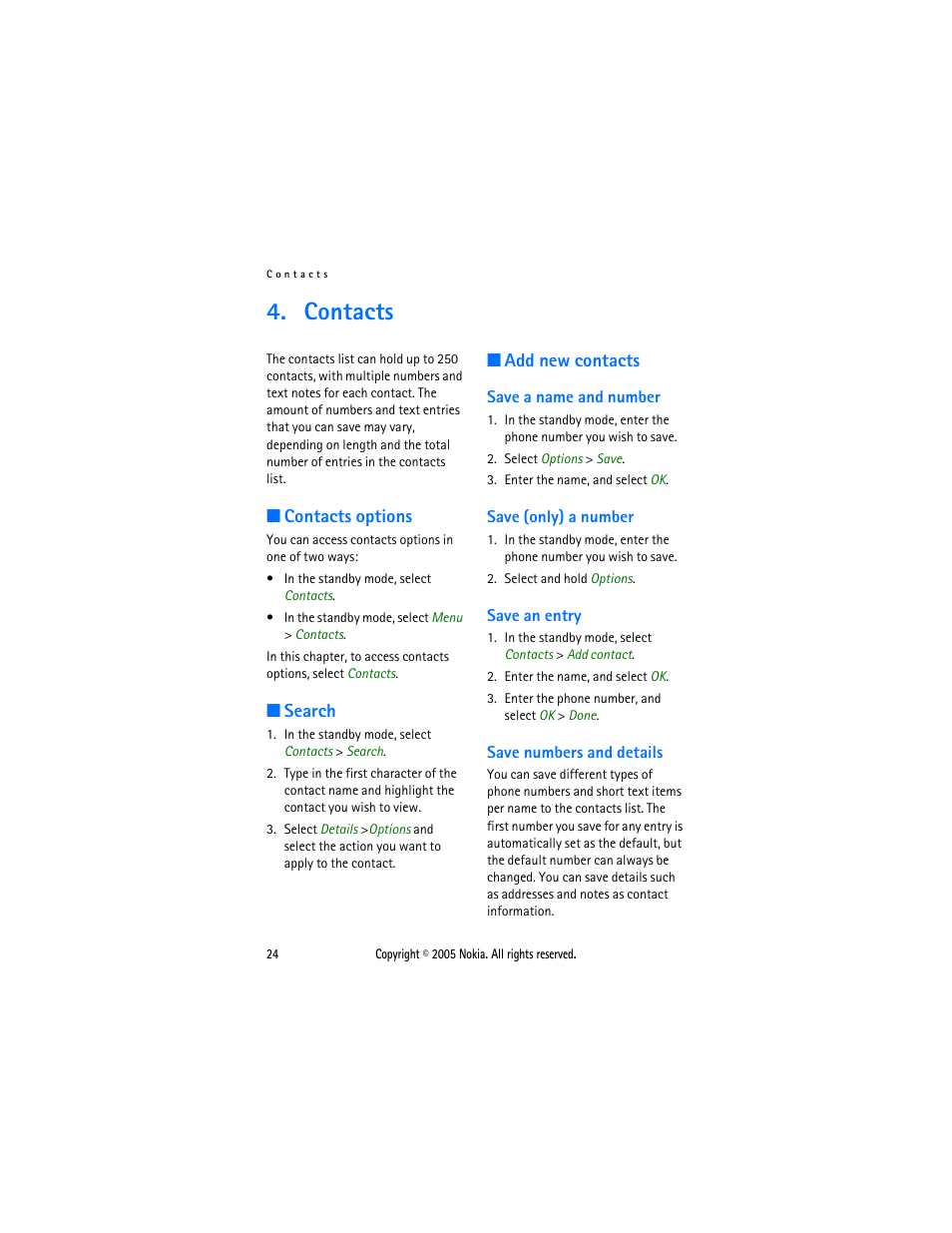 Contacts, Contacts options, Search | Add new contacts, Save a name and number, Save (only) a number, Save an entry, Save numbers and details, Contacts options search add new contacts | Nokia 2116 User Manual | Page 24 / 87