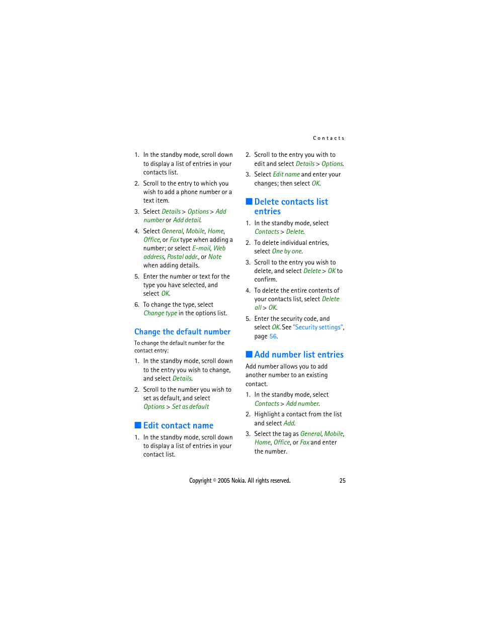 Change the default number, Edit contact name, Delete contacts list entries | Add number list entries | Nokia 2116 User Manual | Page 25 / 87