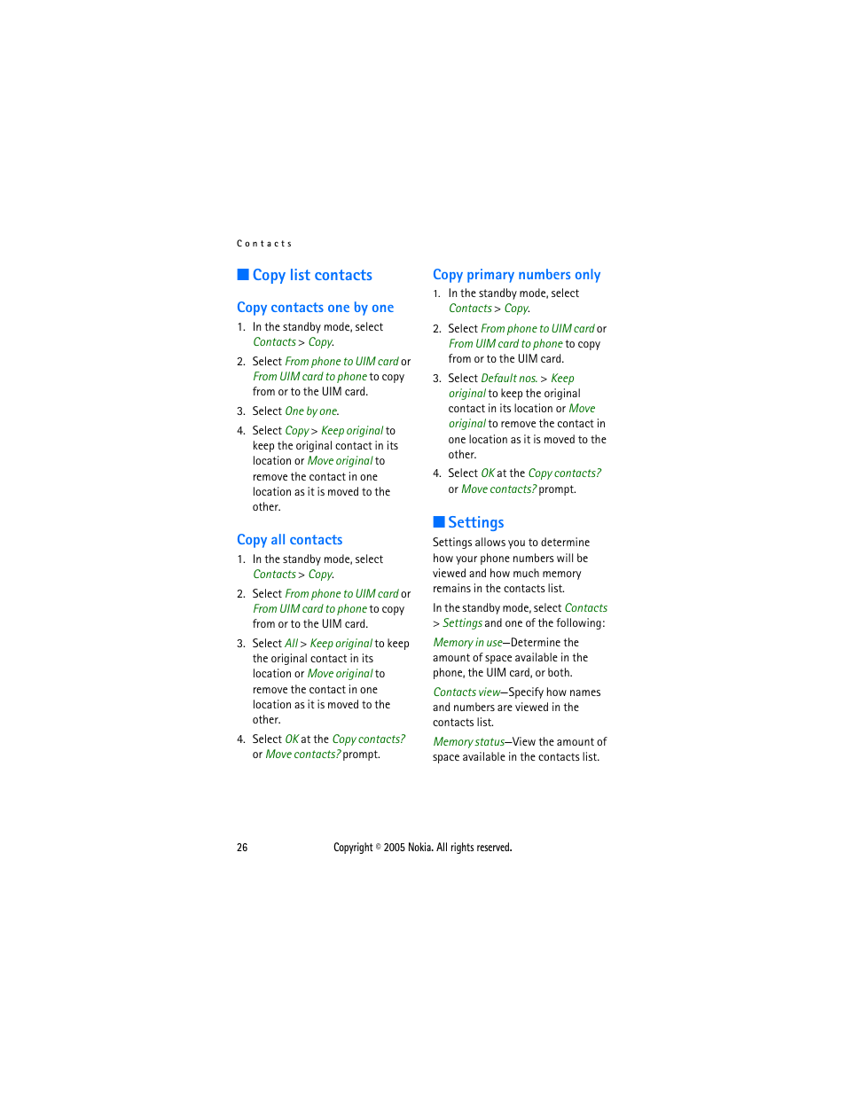 Copy list contacts, Copy contacts one by one, Copy all contacts | Copy primary numbers only, Settings | Nokia 2116 User Manual | Page 26 / 87