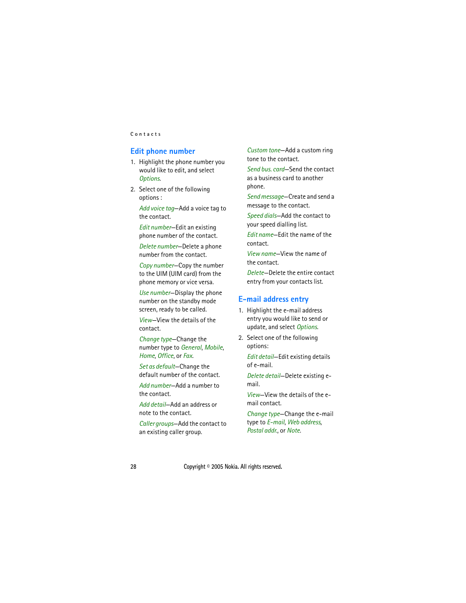 Edit phone number, E-mail address entry, Edit phone number e-mail address entry | Nokia 2116 User Manual | Page 28 / 87