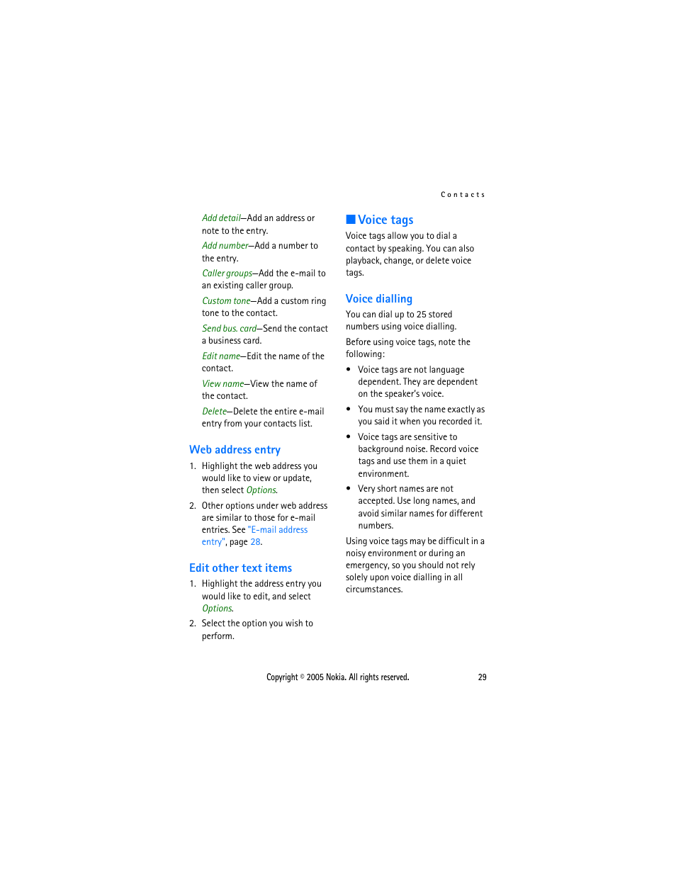 Web address entry, Edit other text items, Voice tags | Voice dialling, Web address entry edit other text items | Nokia 2116 User Manual | Page 29 / 87