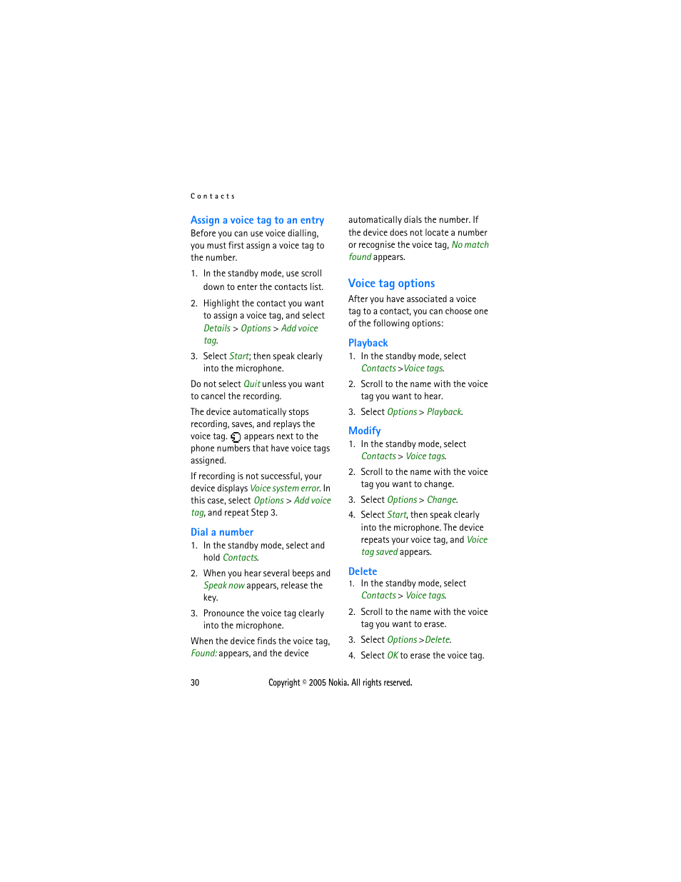 Voice tag options | Nokia 2116 User Manual | Page 30 / 87