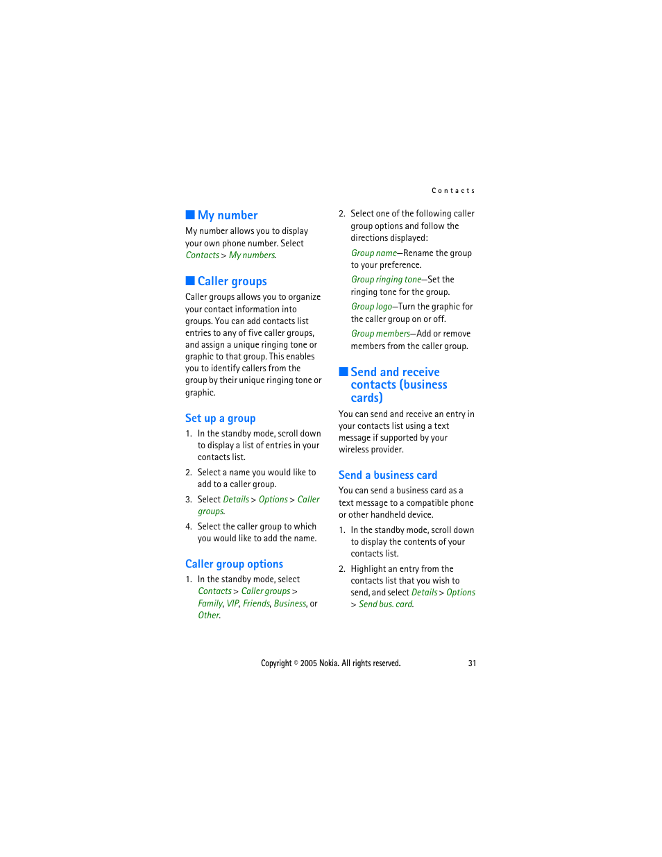 My number, Caller groups, Set up a group | Caller group options, Send and receive contacts (business cards), Send a business card, My number caller groups, Set up a group caller group options | Nokia 2116 User Manual | Page 31 / 87