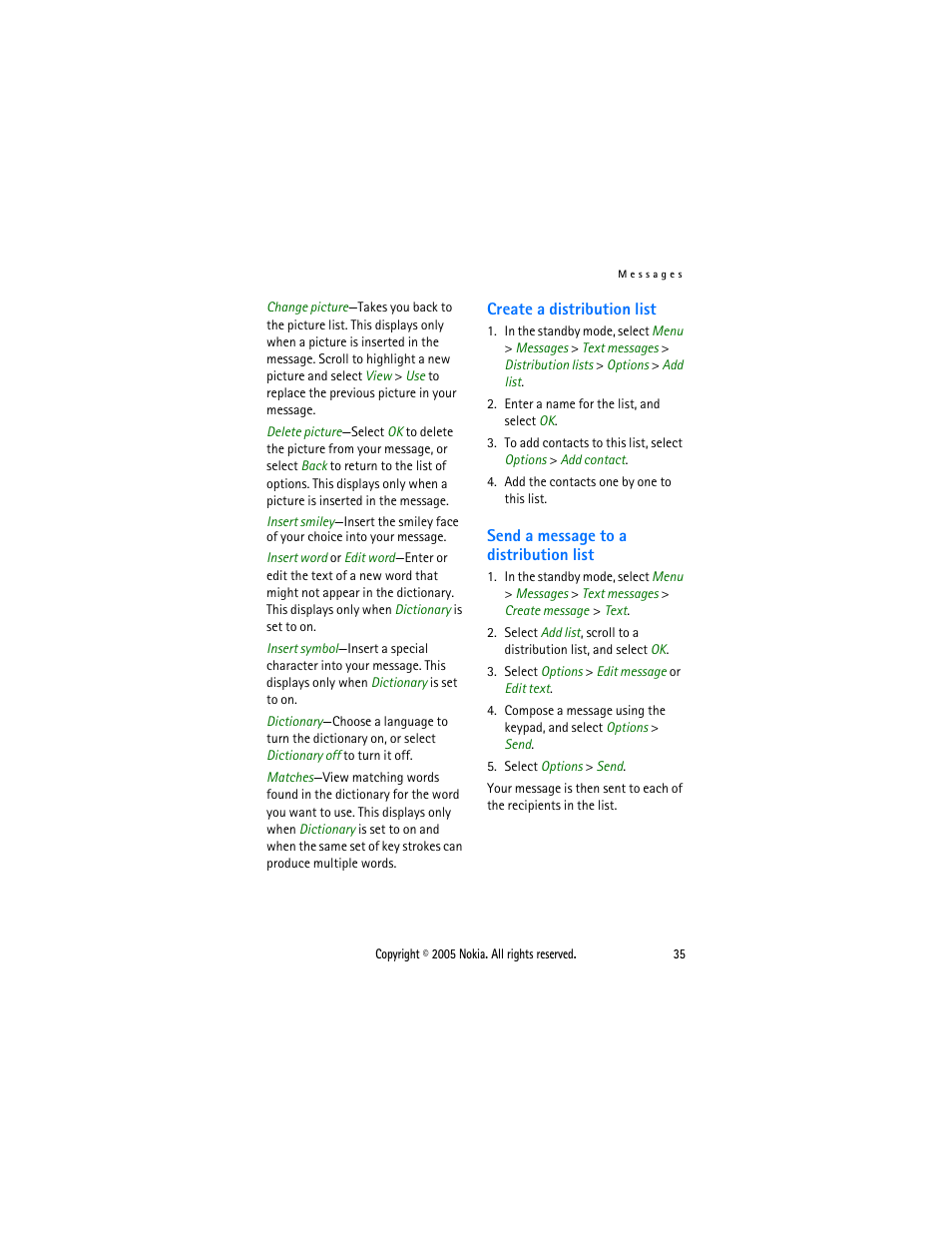 Create a distribution list, Send a message to a distribution list | Nokia 2116 User Manual | Page 35 / 87