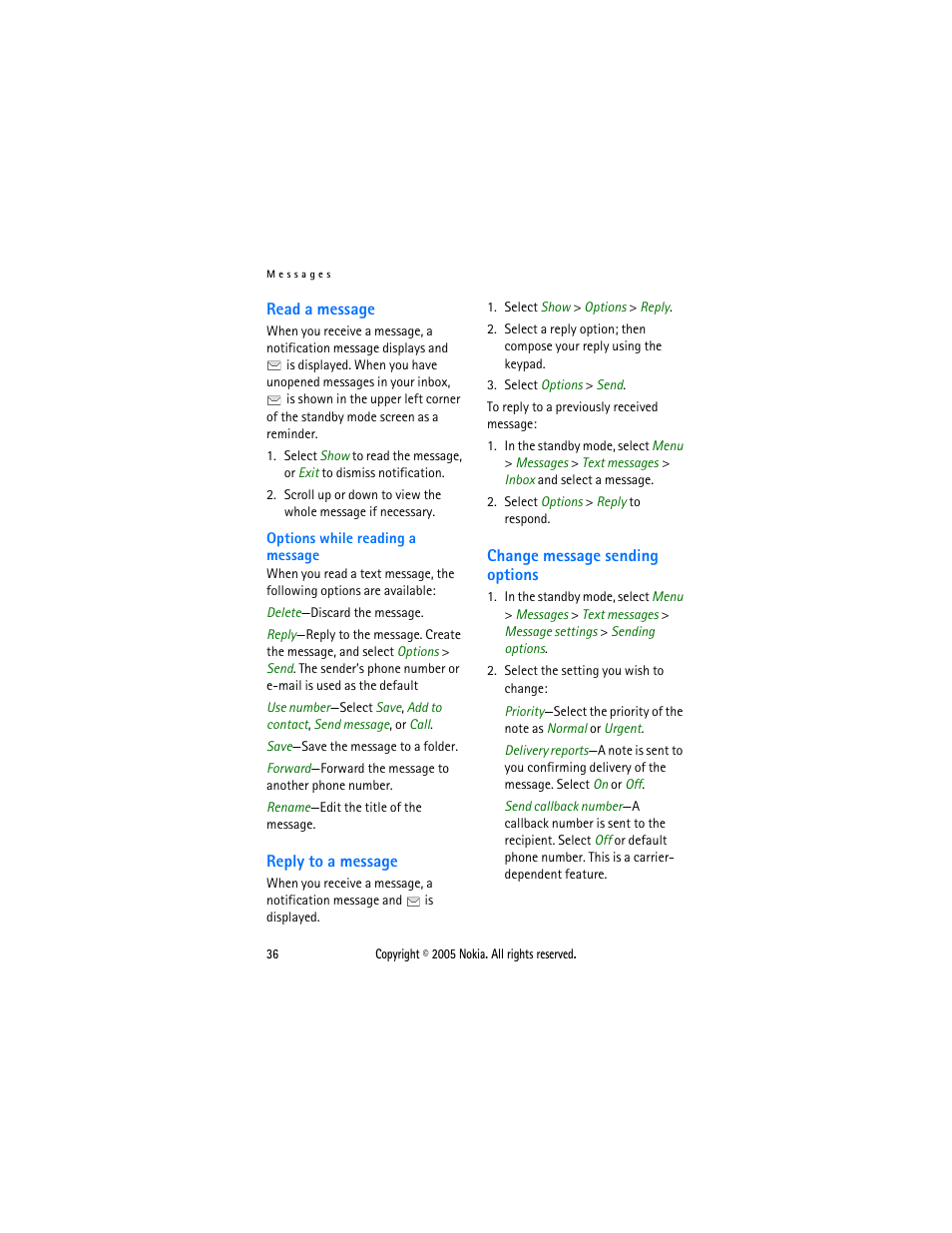 Read a message, Reply to a message, Change message sending options | Read, A message | Nokia 2116 User Manual | Page 36 / 87