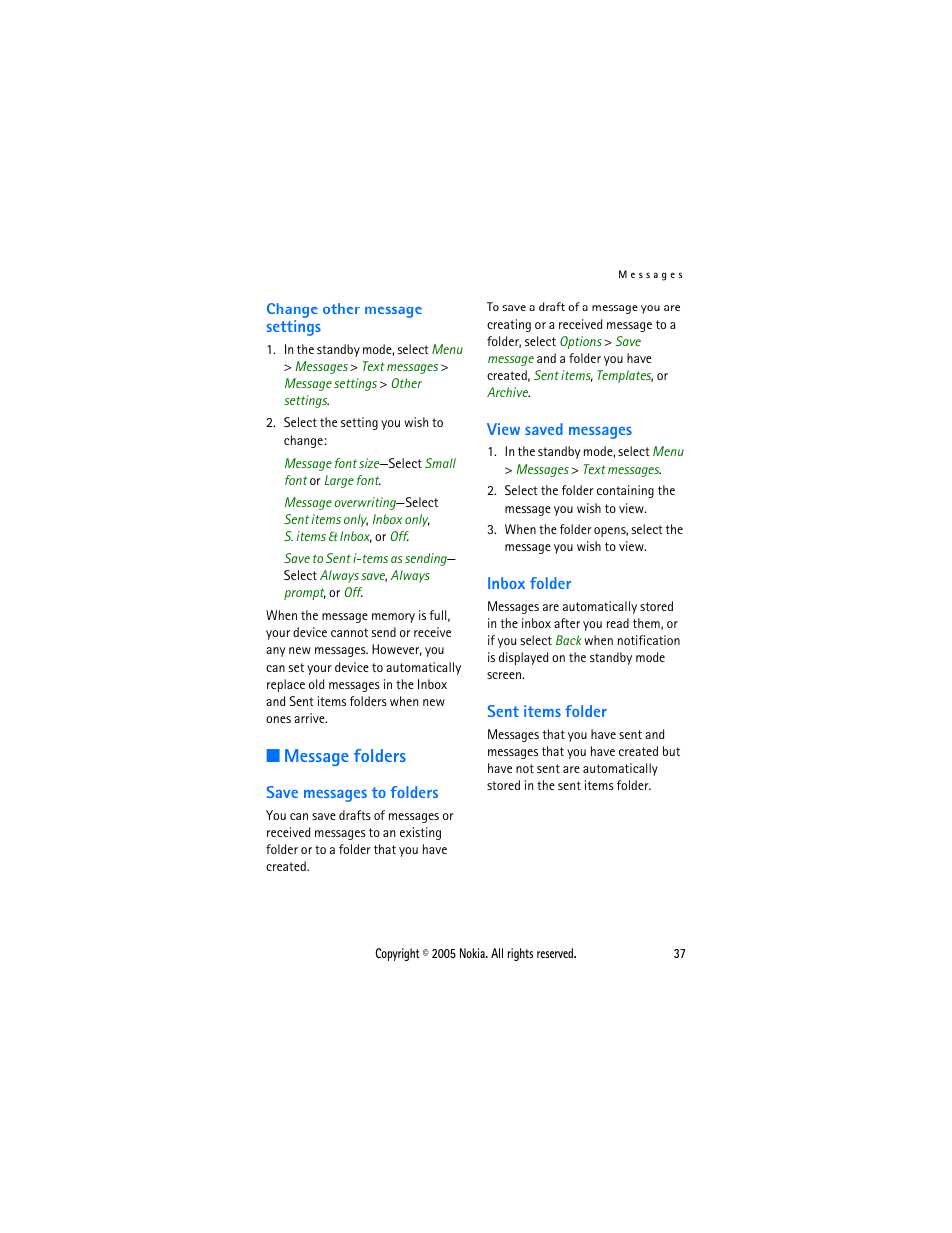 Change other message settings, Message folders, Save messages to folders | View saved messages, Inbox folder, Sent items folder | Nokia 2116 User Manual | Page 37 / 87