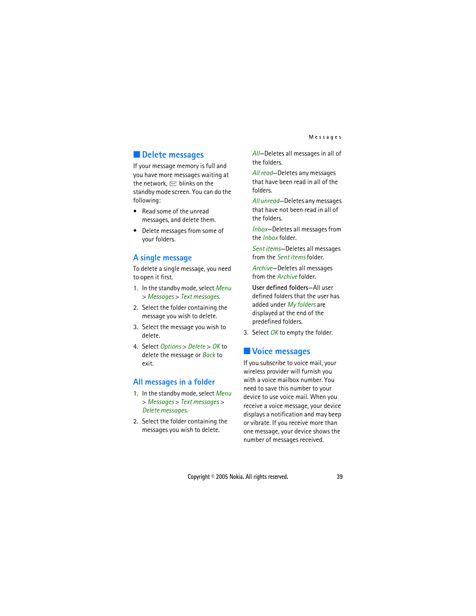 Delete messages, A single message, All messages in a folder | Voice messages, A single message all messages in a folder, Voice, Messages | Nokia 2116 User Manual | Page 39 / 87