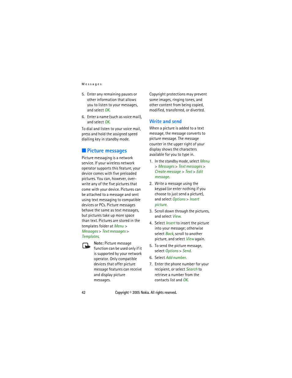 Picture messages, Write and send | Nokia 2116 User Manual | Page 42 / 87