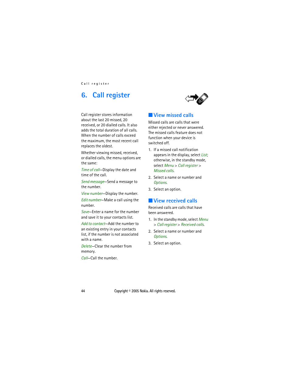Call register, View missed calls, View received calls | View missed calls view received calls | Nokia 2116 User Manual | Page 44 / 87