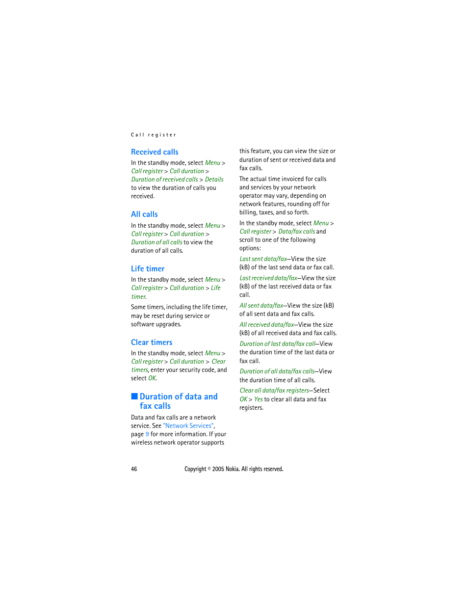 Received calls, All calls, Life timer | Clear timers, Duration of data and fax calls, Received calls all calls life timer clear timers | Nokia 2116 User Manual | Page 46 / 87