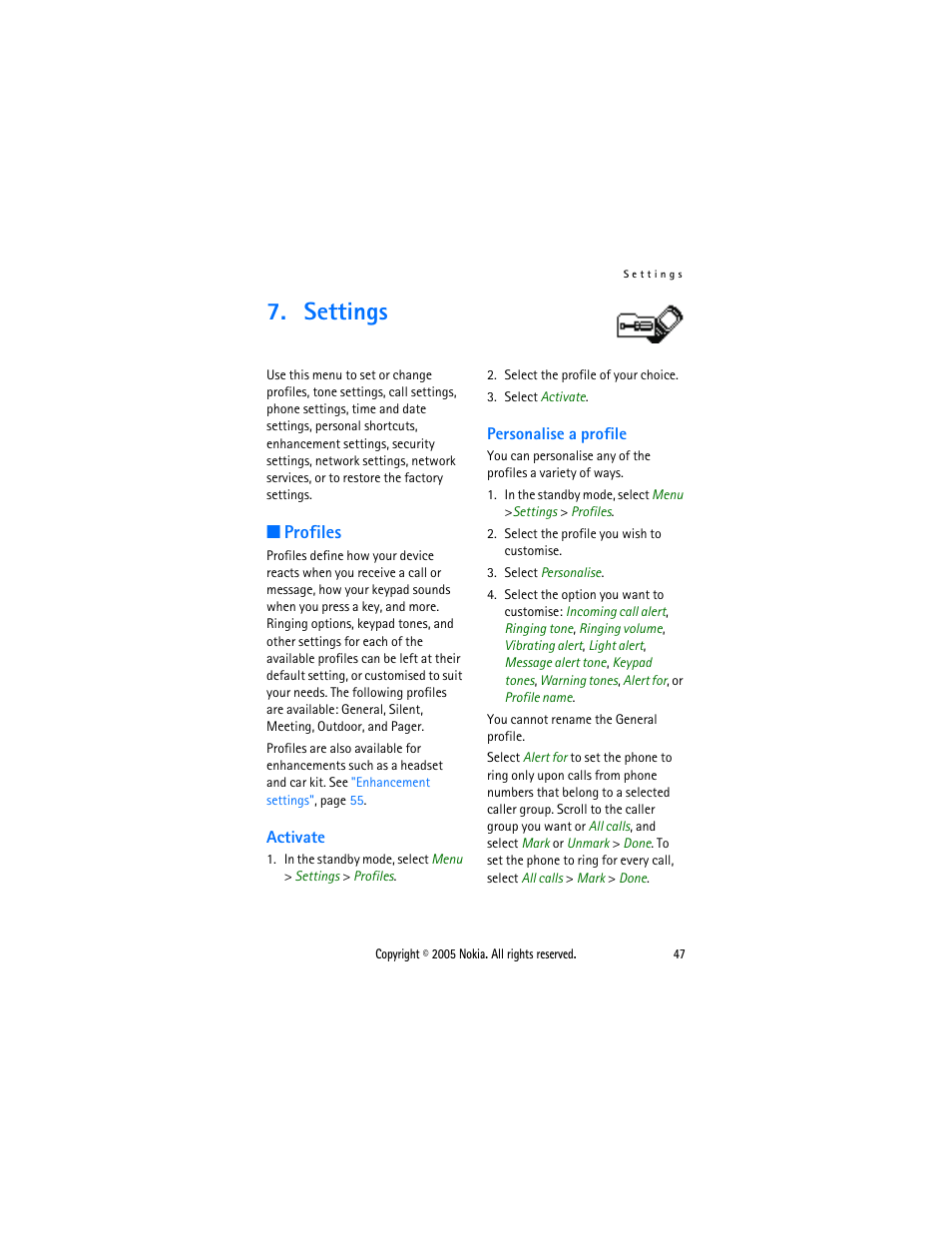 Settings, Profiles, Activate | Personalise a profile, Activate personalise a profile, Ile. see, Personalise a, Profile | Nokia 2116 User Manual | Page 47 / 87