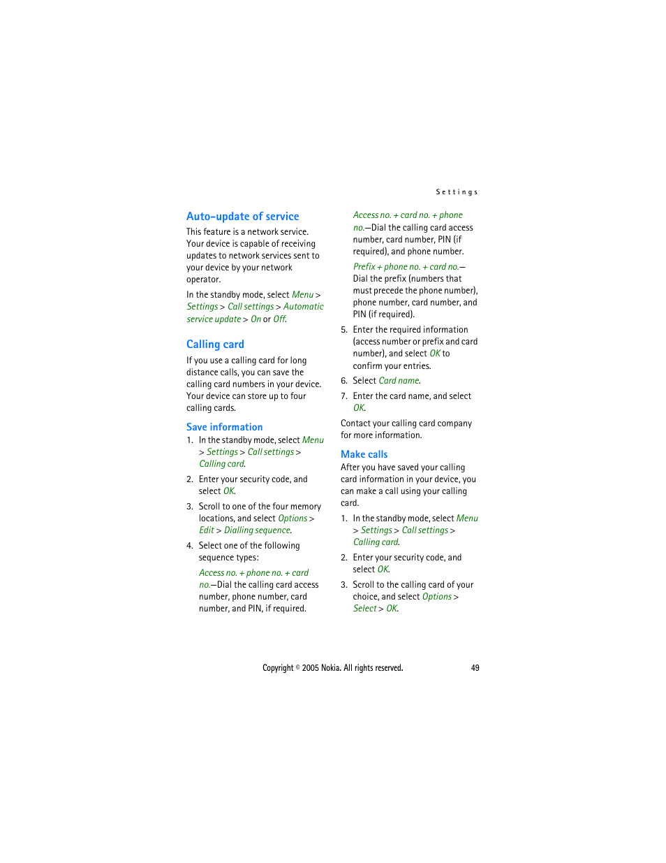 Auto-update of service, Calling card, Auto-update of service calling card | Nokia 2116 User Manual | Page 49 / 87