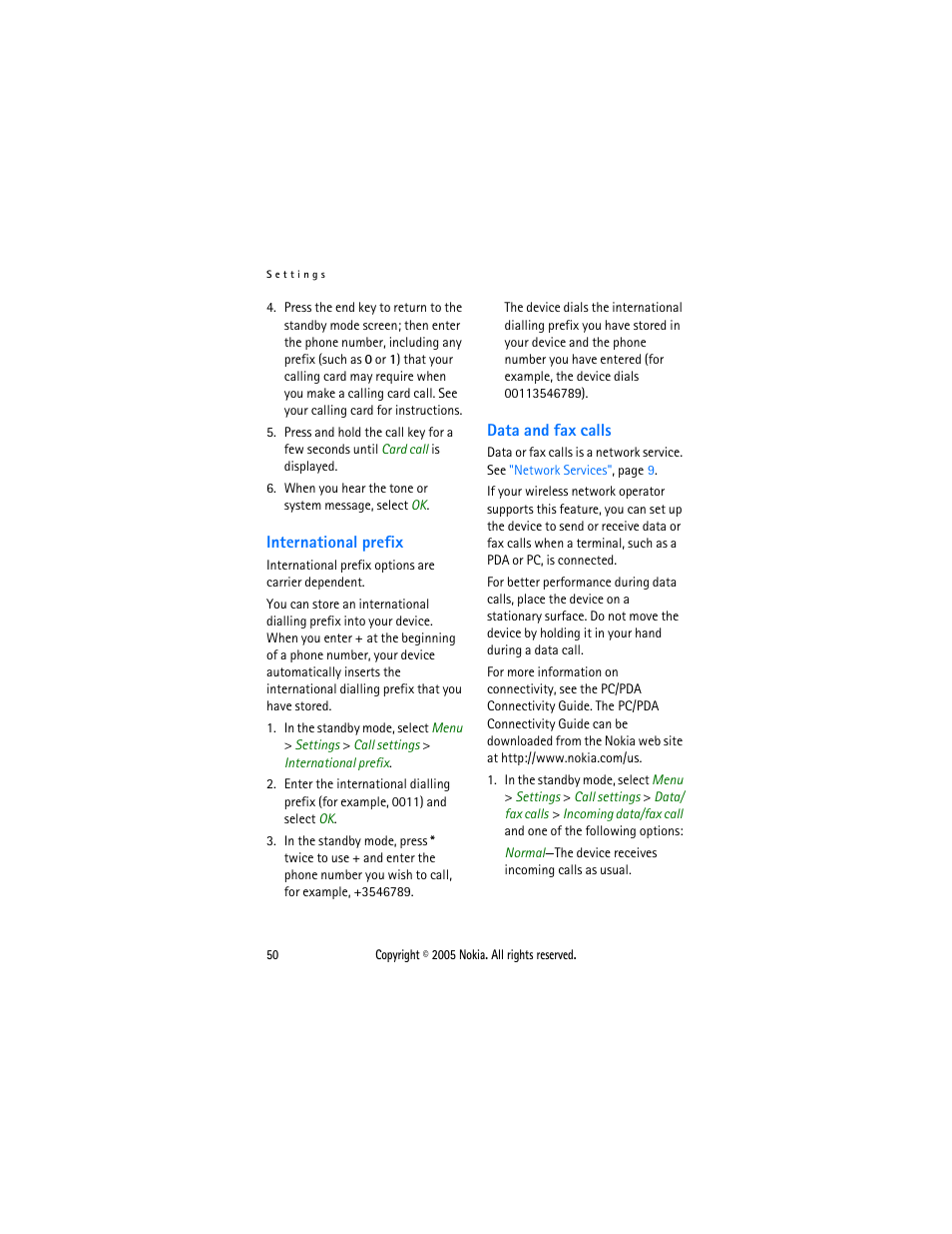 International prefix, Data and fax calls, International prefix data and fax calls | Nokia 2116 User Manual | Page 50 / 87