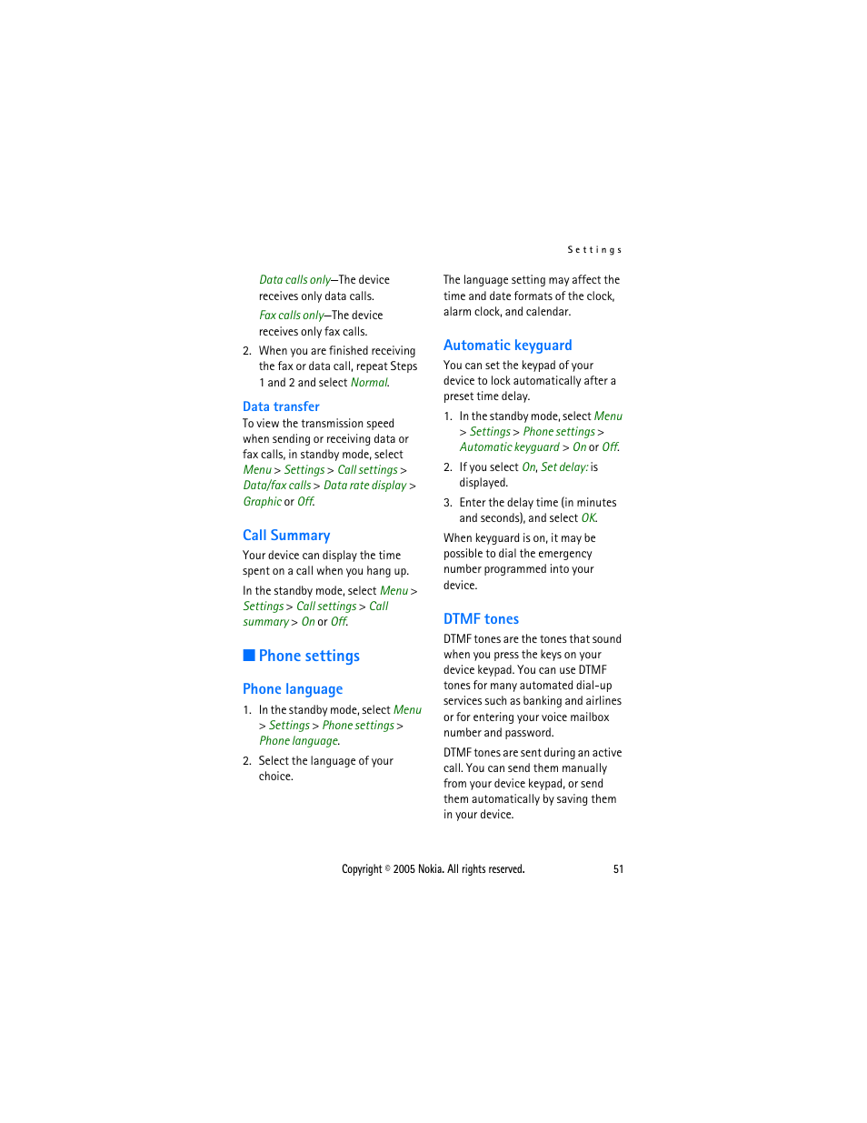 Call summary, Phone settings, Phone language | Automatic keyguard, Dtmf tones, Phone language automatic keyguard dtmf tones | Nokia 2116 User Manual | Page 51 / 87