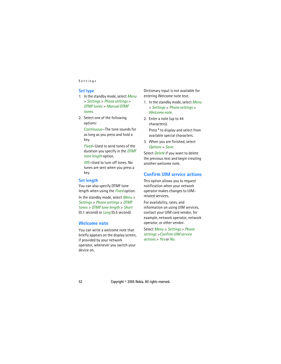 Welcome note, Confirm uim service actions, Welcome note confirm uim service actions | Nokia 2116 User Manual | Page 52 / 87