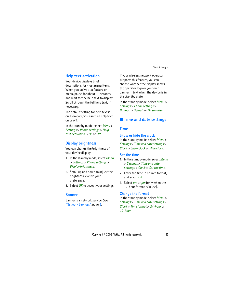 Help text activation, Display brightness, Banner | Time and date settings, Time, Help text activation display brightness banner | Nokia 2116 User Manual | Page 53 / 87
